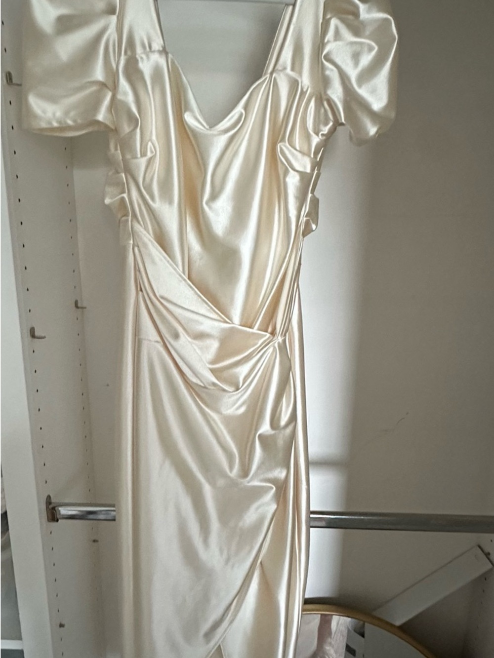 Express Ivory Satin Draped Midi Wedding Dress